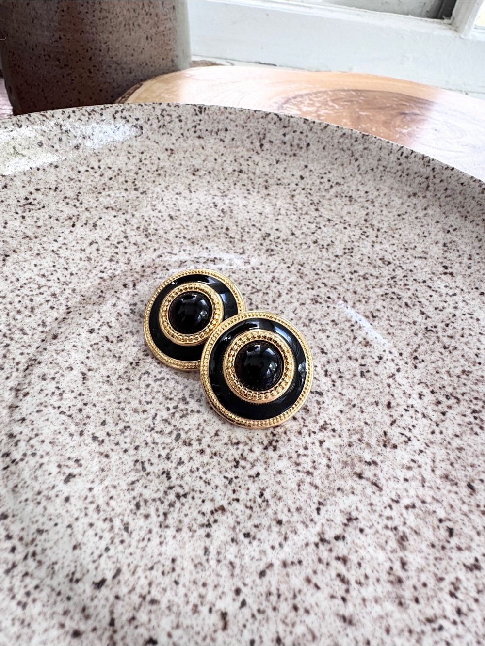 Vintage Monet Black Enamel and Gold Tone Clip Earrings with Braided Rope Detail